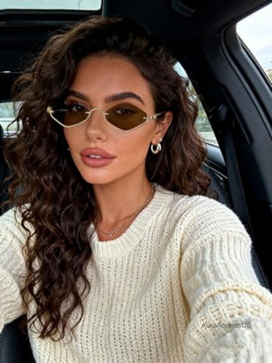 Retro Y2K Semi-Rimless Narrow Gold Sunglasses UV400 main image 5
